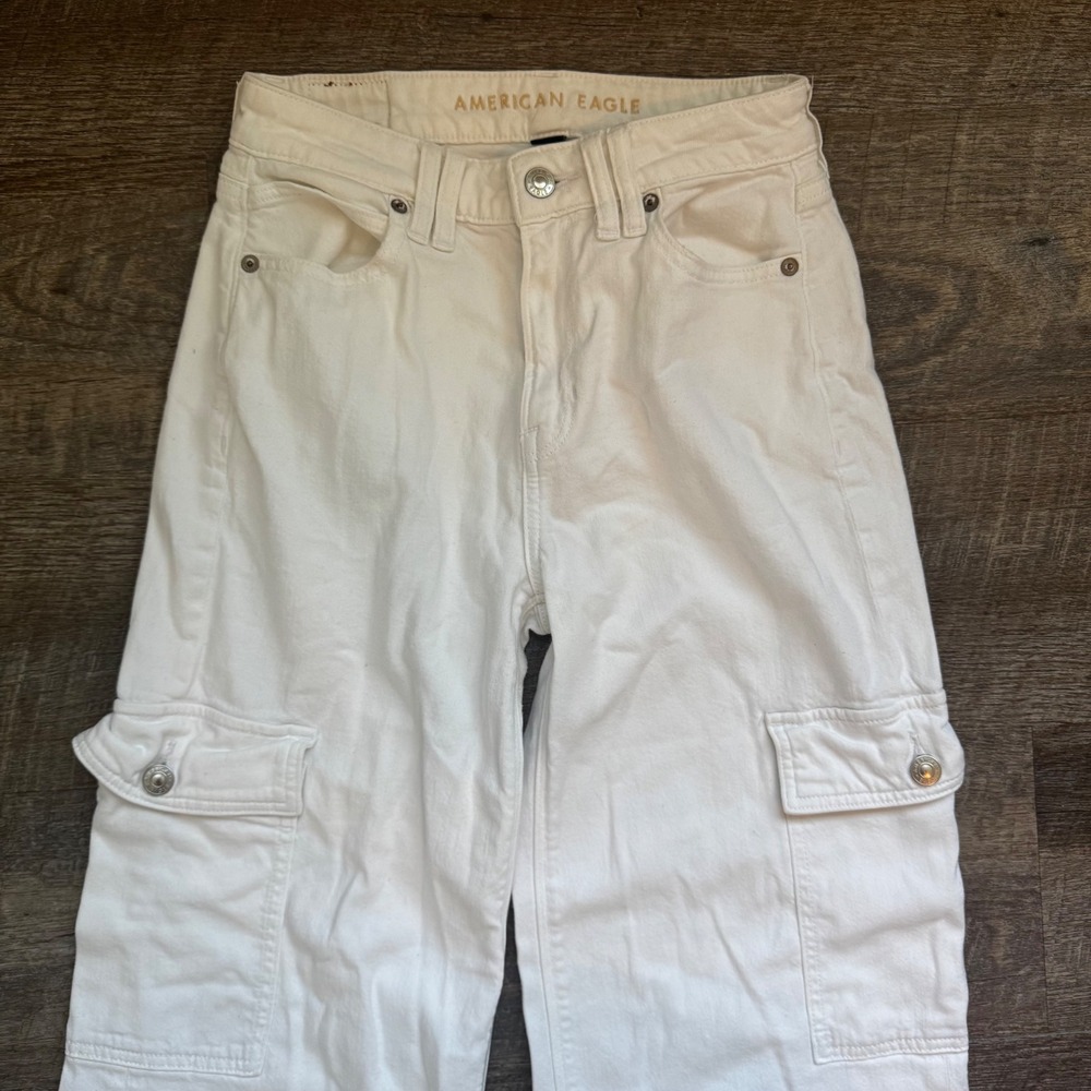 American Eagle Super High-Rise Baggy Wide Leg Cargo Jeans 0 White Utility - Picture 6 of 8